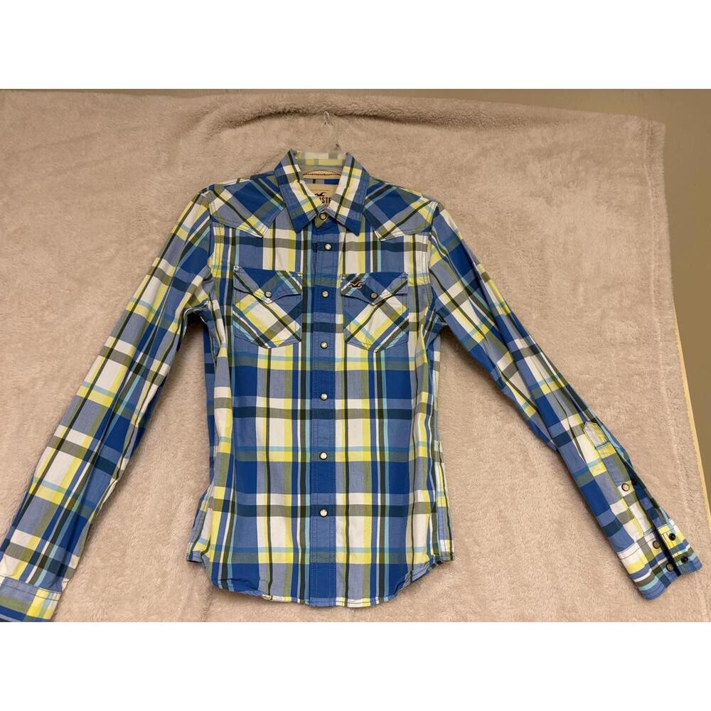 Hollister Men's Blue Plaid Button-Up Shirt Size Small Western Style